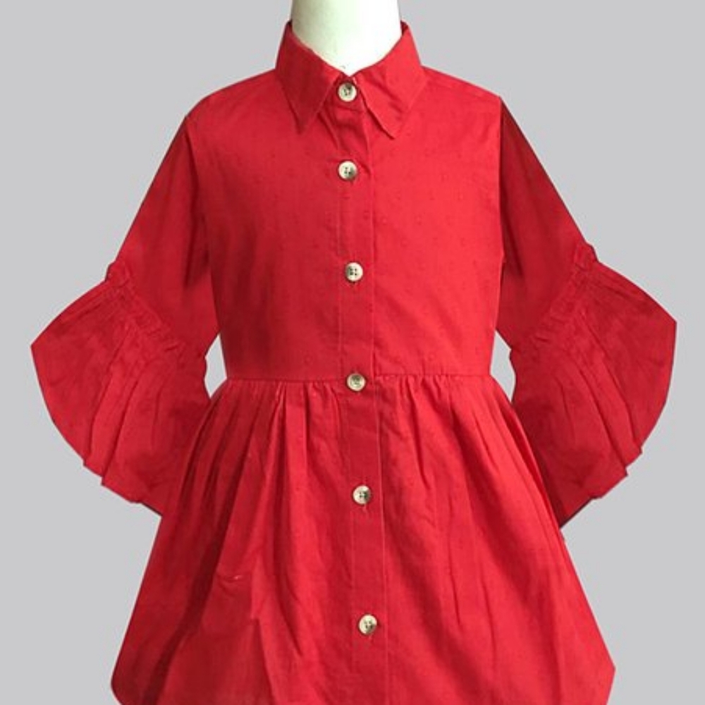 🇺🇲🇺🇲Red Swiss Dot Ruffle-Sleeve Shirt Dress - - Picture 1 of 9